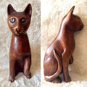 Tall Wooden Cat Figurine Brown Carved wood statue Cottagecore Cottage